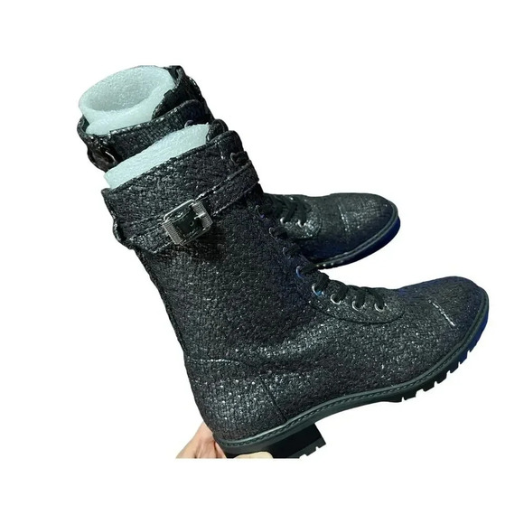 STUART WEITZMAN Tweed Tweed Metallic Pattern Combat Boots Size 6 - Picture 3 of 6